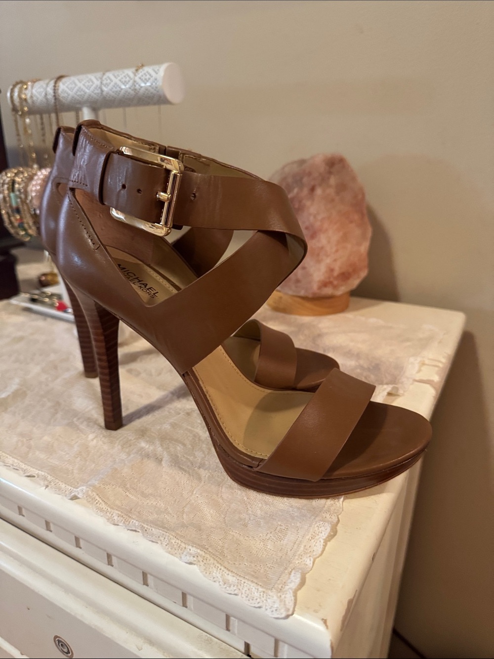 Michael Kors Tan Brown Leather Strappy High Heel Sandals